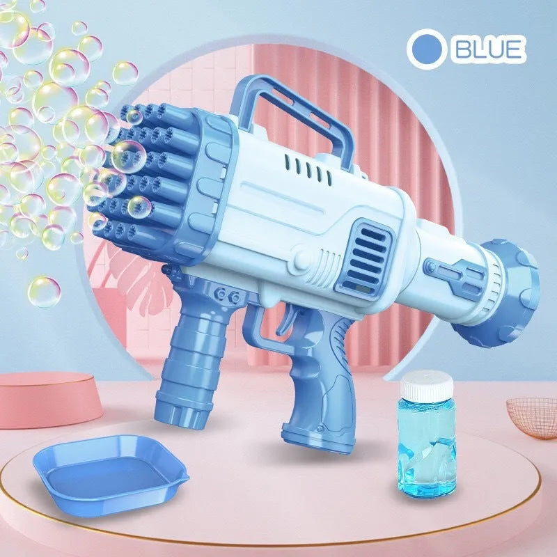 Children's electric bubble gatling gun toy with 32-hole barrel and LED lights in cherry pink colour.