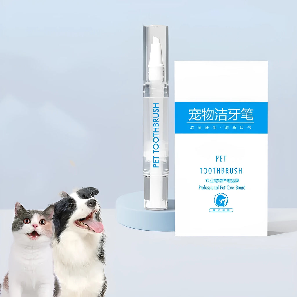 Pet toothbrush pen for dogs showing twist-to-dispense tail and brush head for dental cleaning.