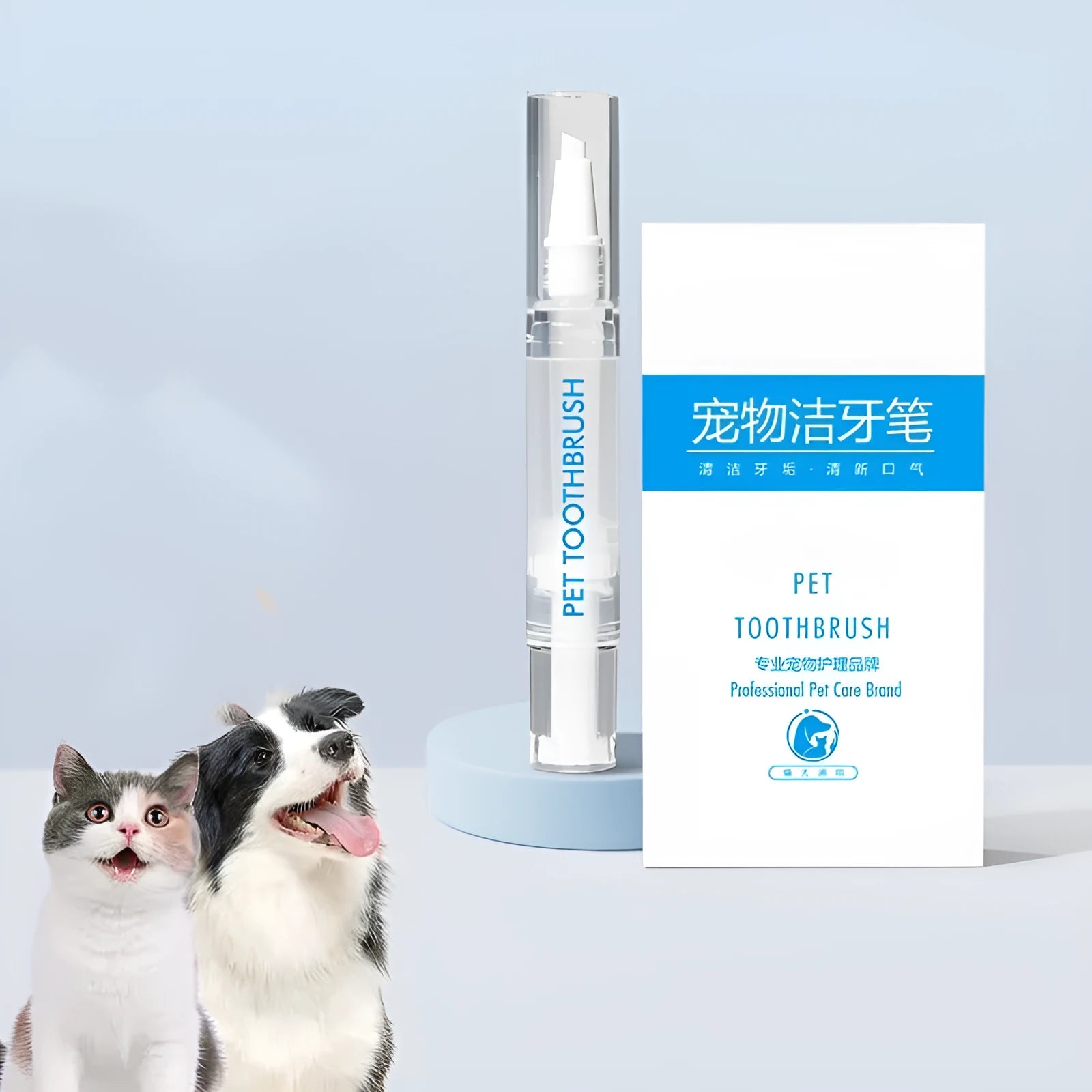 Pet toothbrush pen for dogs showing twist-to-dispense tail and brush head for dental cleaning.