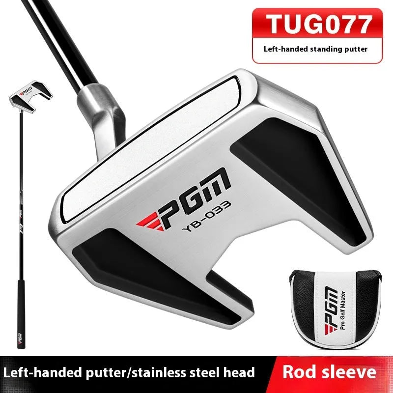 PGM left-hand standing putter in silver and black with stainless steel head, carbon shaft, aiming line, and head cover.