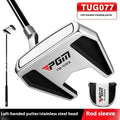 PGM left-hand standing putter in silver and black with stainless steel head, carbon shaft, aiming line, and head cover.