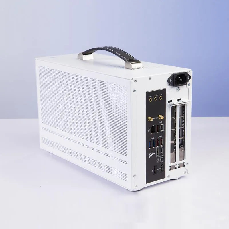 Three Hummingbird Portable compact Mini-ITX desktop computer case in titanium grey showing front panel and side profile.