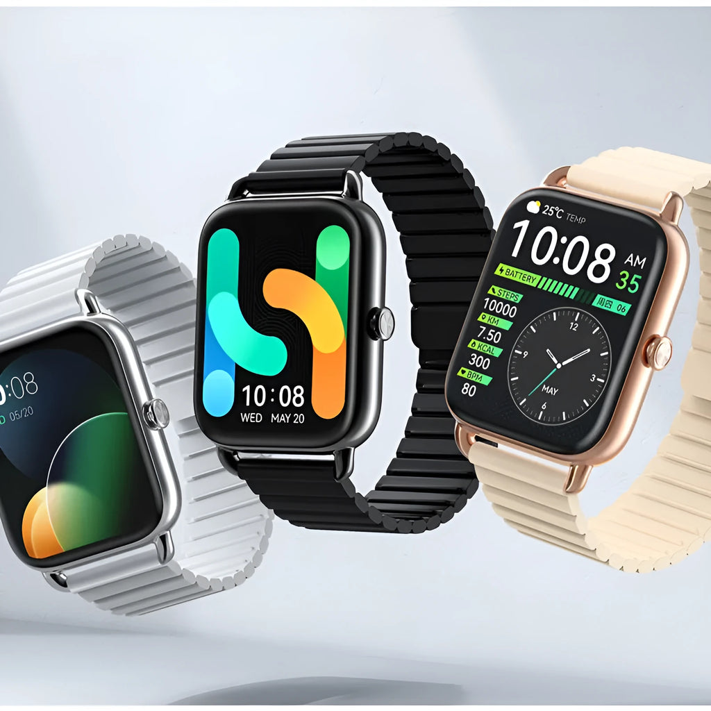 HAYLOU RS4 Plus smartwatch in black with AMOLED display showing fitness stats
