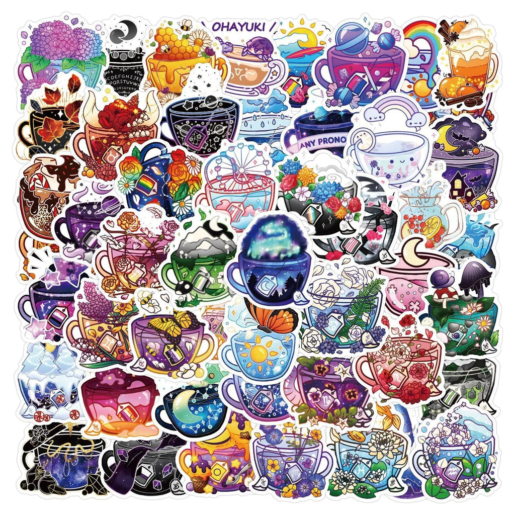A sheet of colourful tea cup graffiti design waterproof vinyl stickers for DIY personalisation.