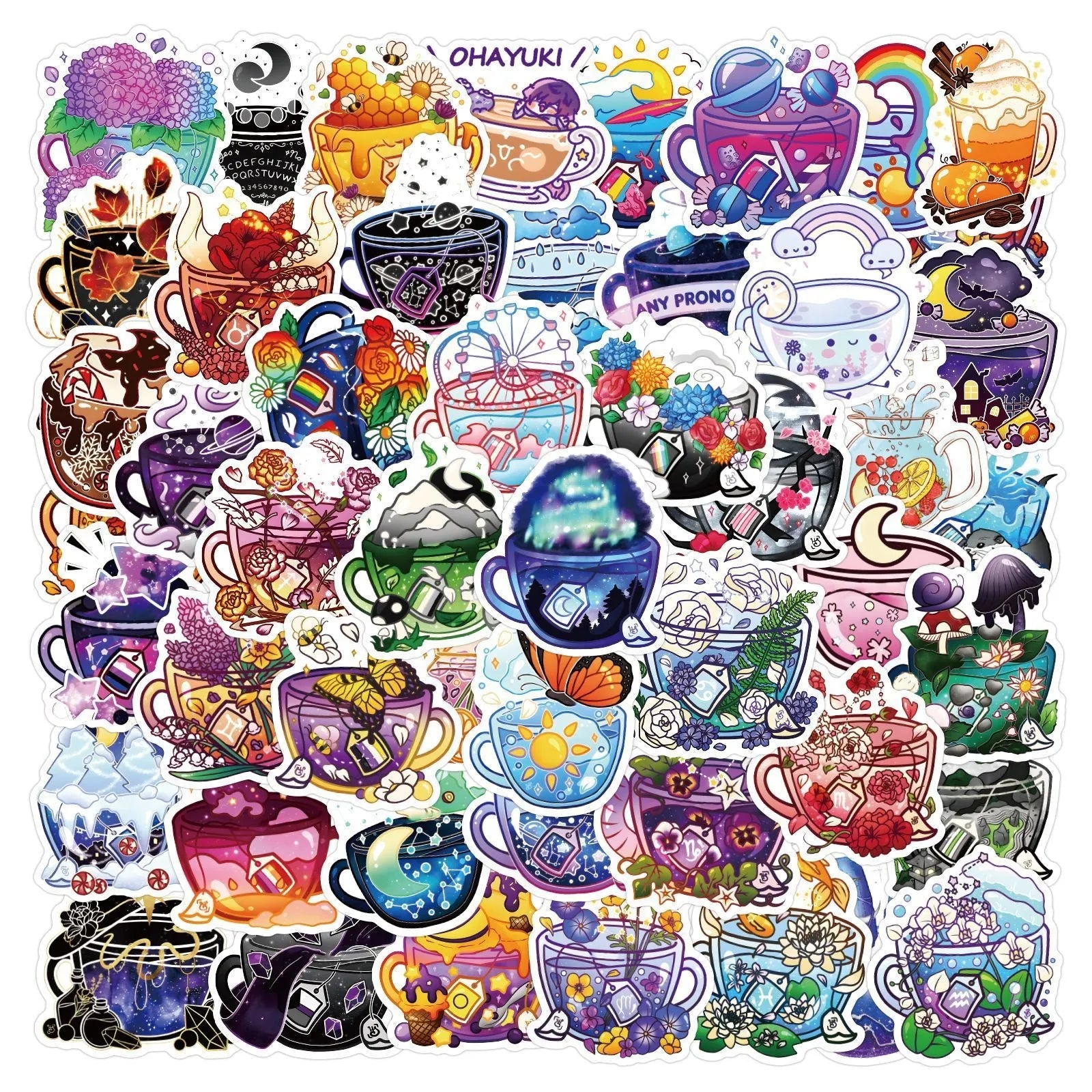 A sheet of colourful tea cup graffiti design waterproof vinyl stickers for DIY personalisation.