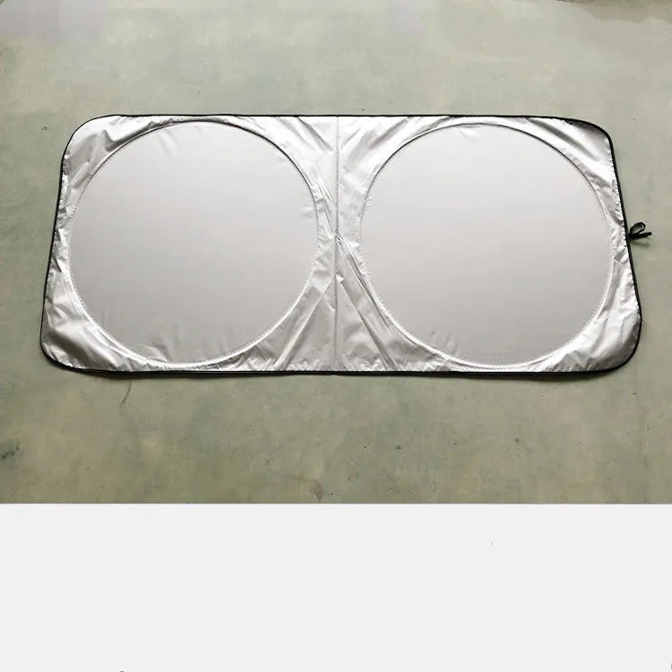 Large silver reflective car sunshade measuring 190cm by 90cm, shown folded next to its cloth storage bag.