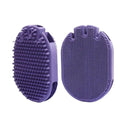 Purple dual-sided silicone pet shampoo and massage brush with soft TPR bristles