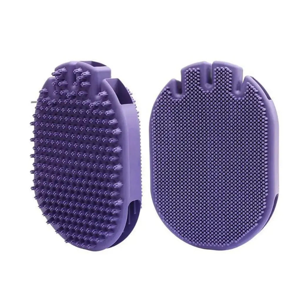 Purple dual-sided silicone pet shampoo and massage brush with soft TPR bristles
