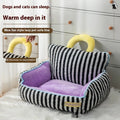 Striped three-piece soft pet bed set showing sofa nest, big mouth nest and teacup nest for dogs