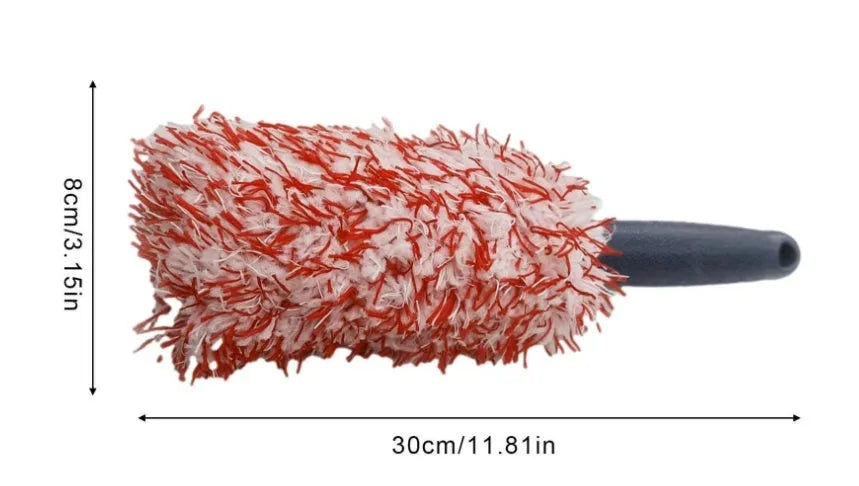 Long handled car wheel wash brush with ultra-fine fibre bristles in blue, black, and red colour options