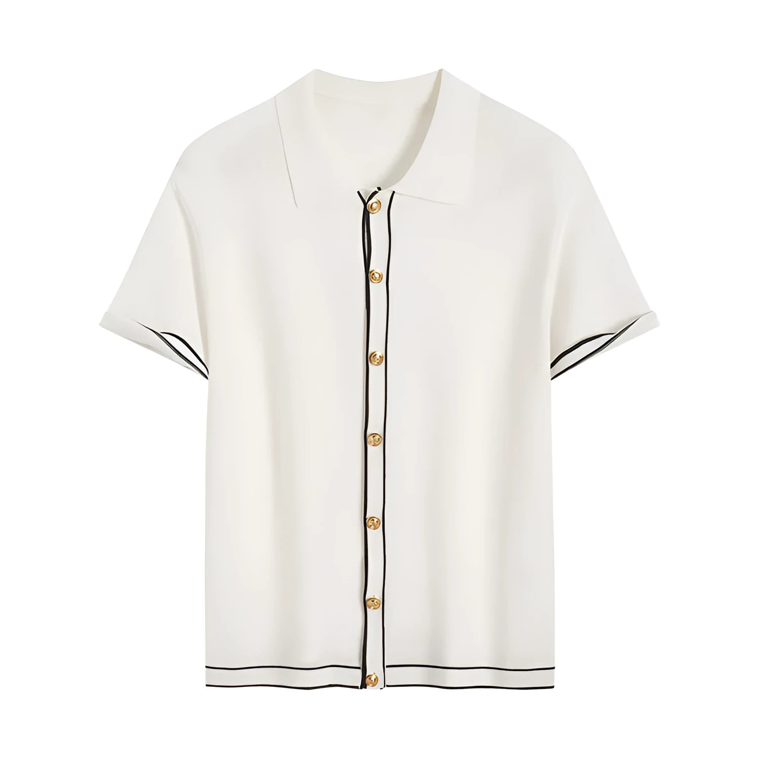 White short-sleeve cardigan with dark contrast colour lapels, buttoned front, on a hanger.