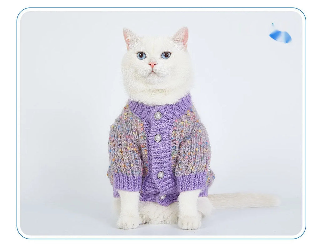 Purple dog sweater cardigan on pet hanger showing casual style and polyester fabric
