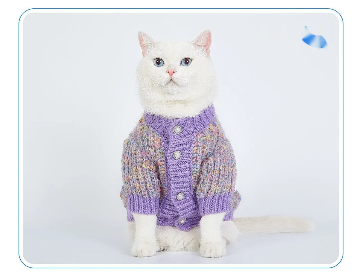 Purple dog sweater cardigan on pet hanger showing casual style and polyester fabric