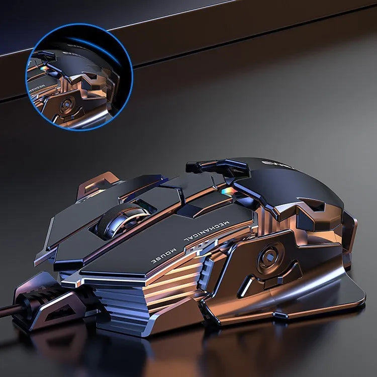 Forerunner MK500 wired gaming mouse in metallic black with metal-weighted 144g body and 7 programmable keys