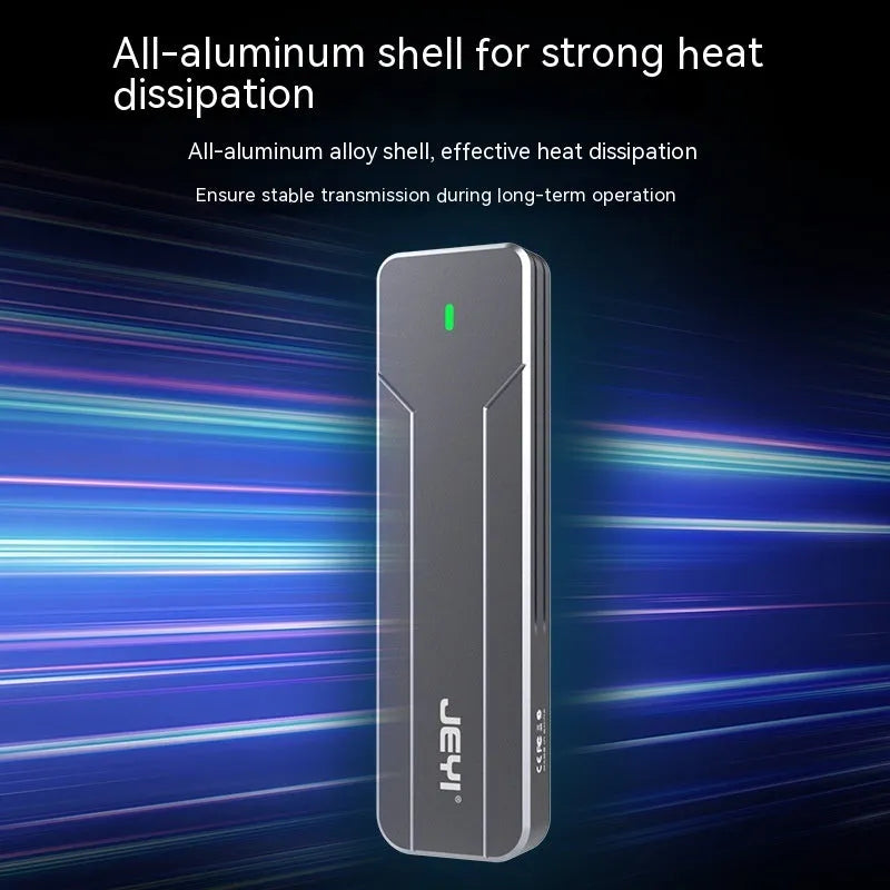 Dark grey aluminium external hard drive enclosure for M.2 SATA and NVMe SSDs with connecting cables.