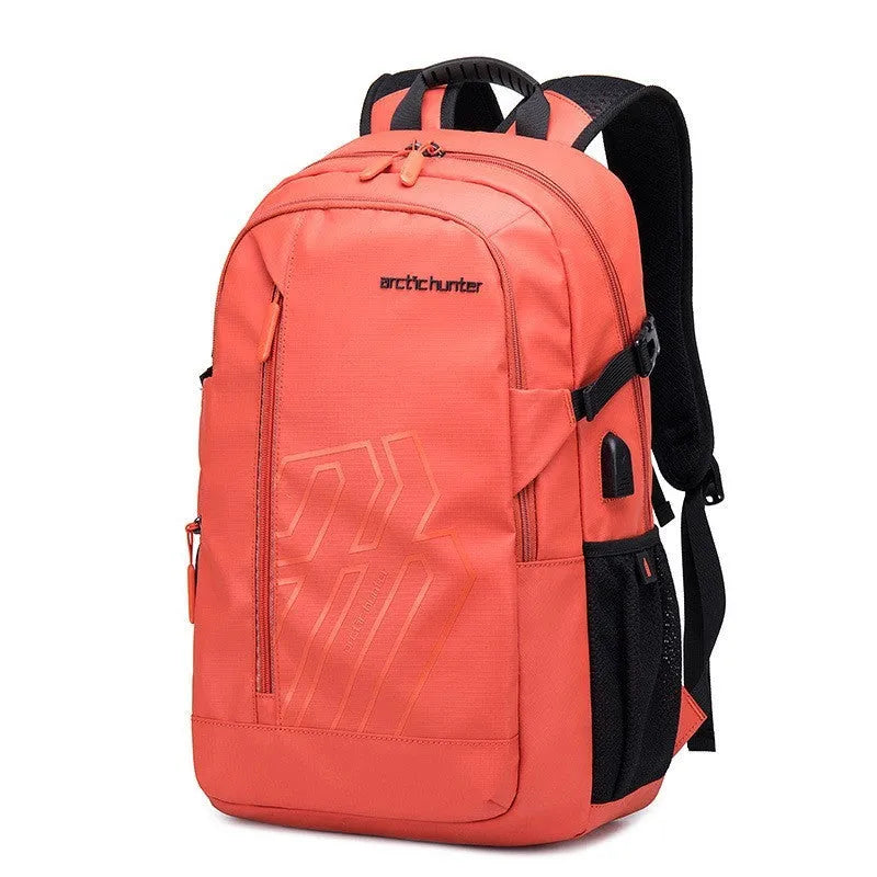 Casual plaid computer backpack in blue with curved shoulder strap showing 18-inch laptop compartment