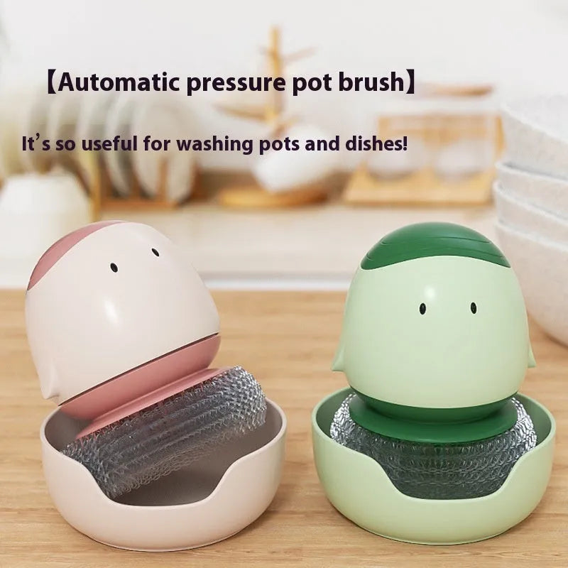 Automatic liquid filling dishwashing brush shaped like a chicken, in Bean Red, with ergonomic handle and wall mount