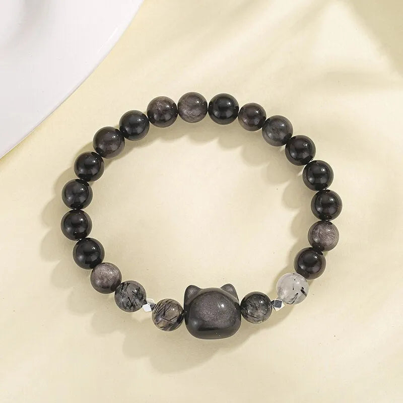 Natural silver stone cat crystal couple bracelet with obsidian material and electroplated finish