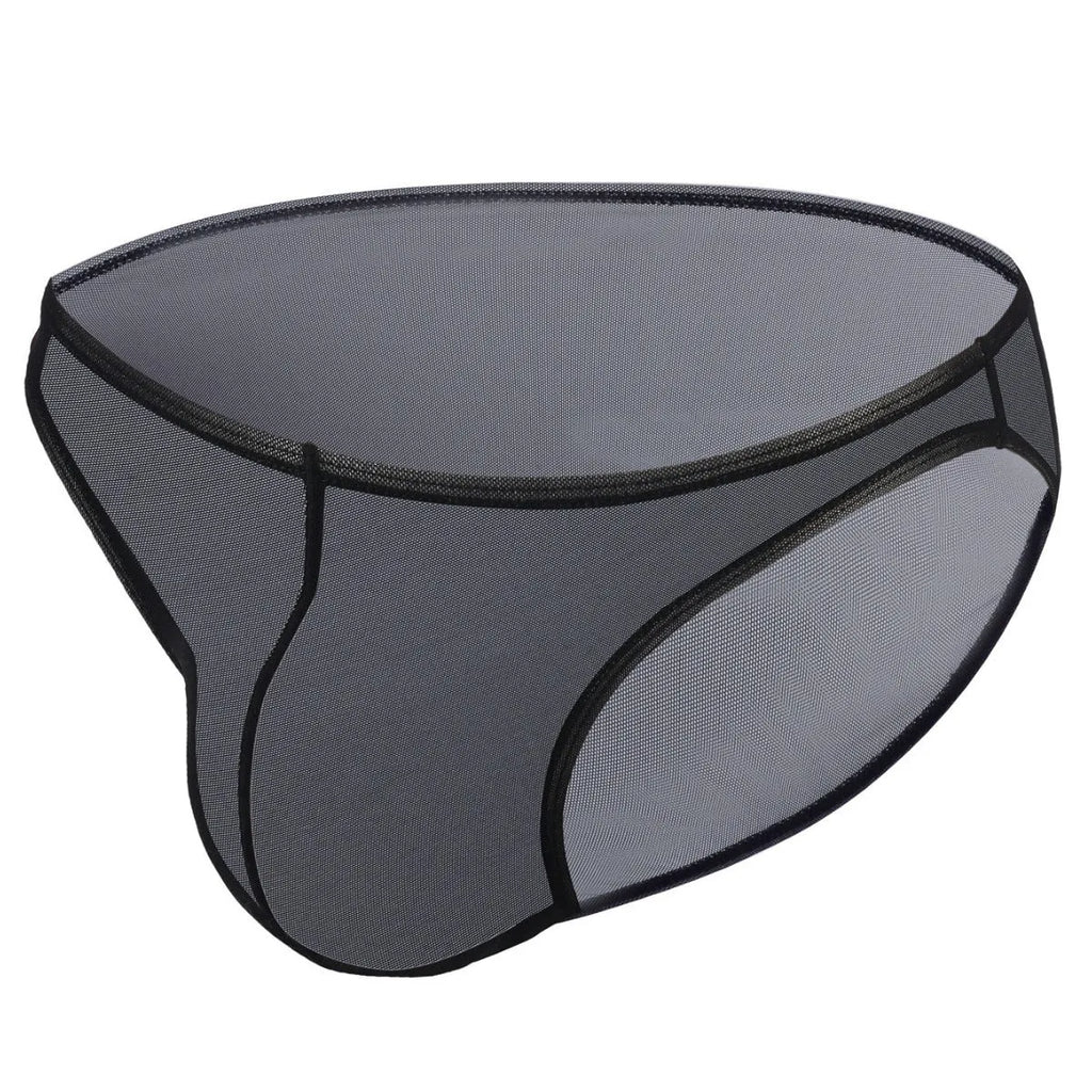 Men's black low-waist triangle briefs made from quick-drying nylon fabric on a grey background.