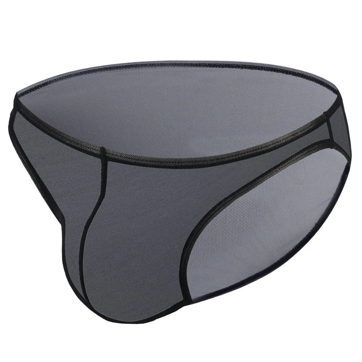 Men's black low-waist triangle briefs made from quick-drying nylon fabric on a grey background.