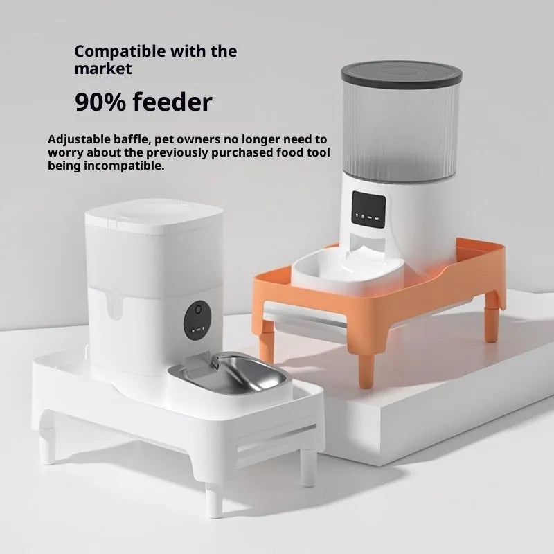 Automatic pet feeder elevated rack in white bracket with PP construction, barrier board, and drawer storage for cats and dogs