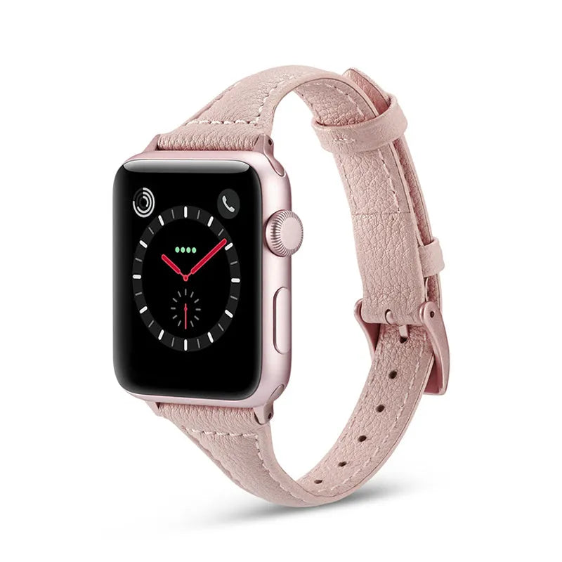 T-shaped thin genuine leather watch strap for Apple Watch 7th gen 41mm 45mm, adjustable metal buckle, 157-228mm wrist