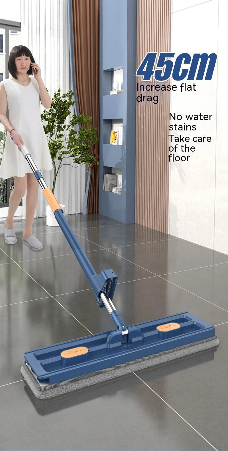 Large blue flat mop with rotating head and long stainless steel handle for hard floor cleaning