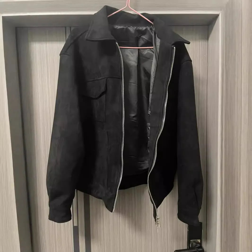 Men's slim fit black jacket with zipper and big pockets, also available in camel and dark grey.