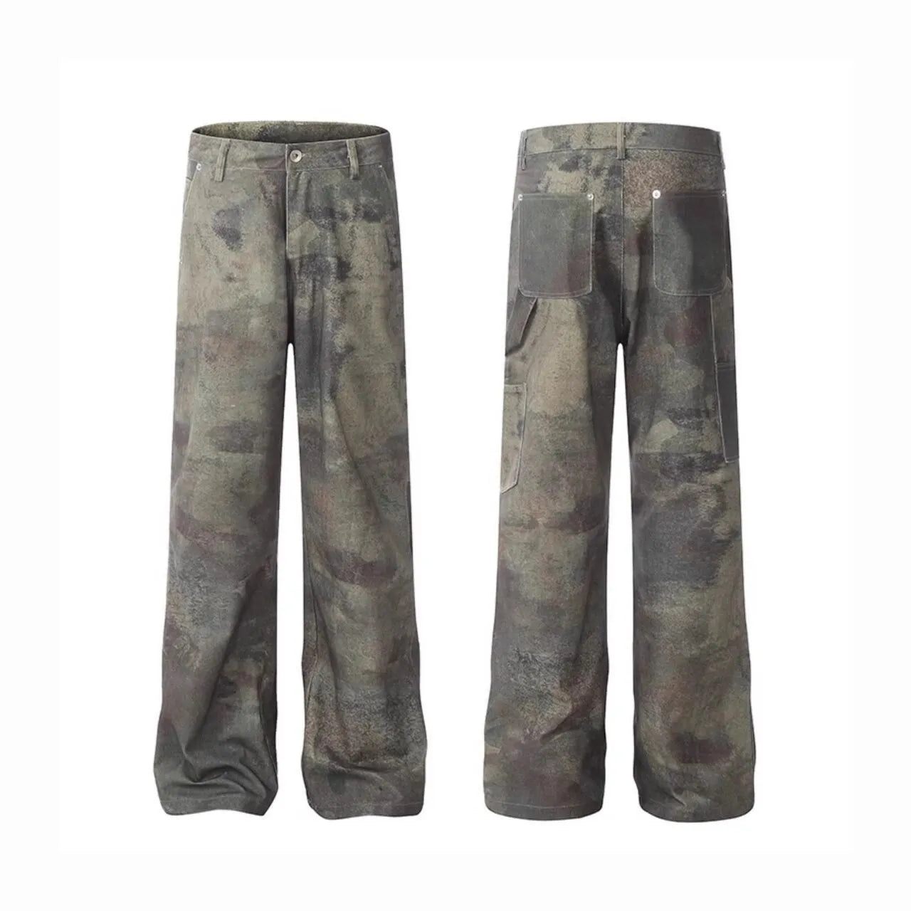 Men's straight-leg camouflage print jeans in cotton denim on a mid-waist.