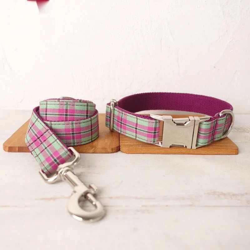Mint green polyester dog collar and leash set shown together as matching walking accessories
