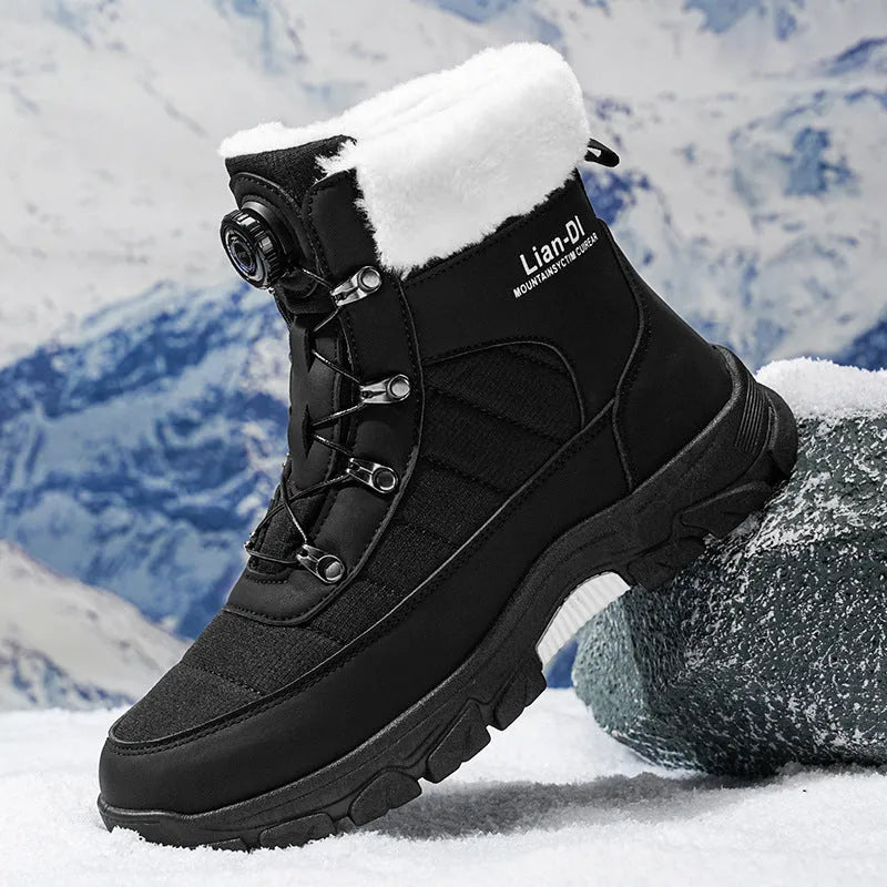 Men's fleece-lined thickened snow boots in black, round toe, artificial PU upper, side view