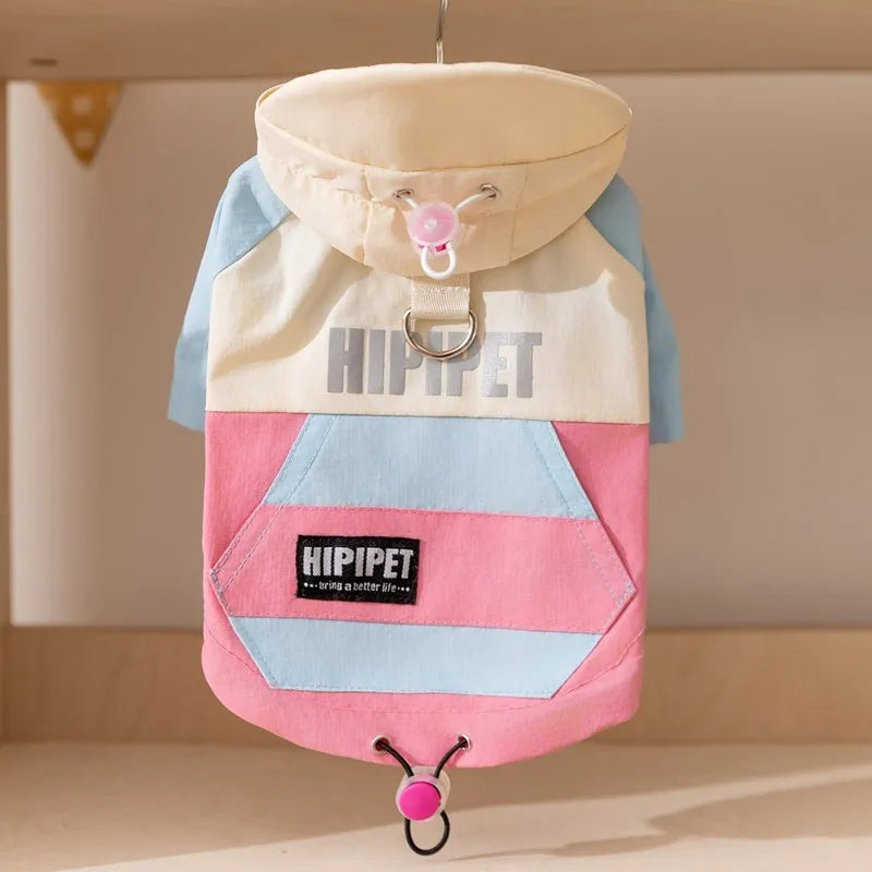 Colour block dog hoodie with metal D-ring at back, adjustable hood and hem, pink/blue or yellow/black, sizes XS to XXL