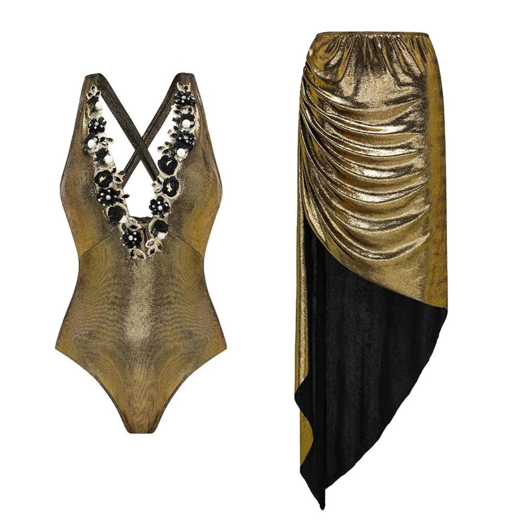 Women's floral swimsuit set with spaghetti straps, one-piece and two-piece options, in pink, red, blue, or gold.