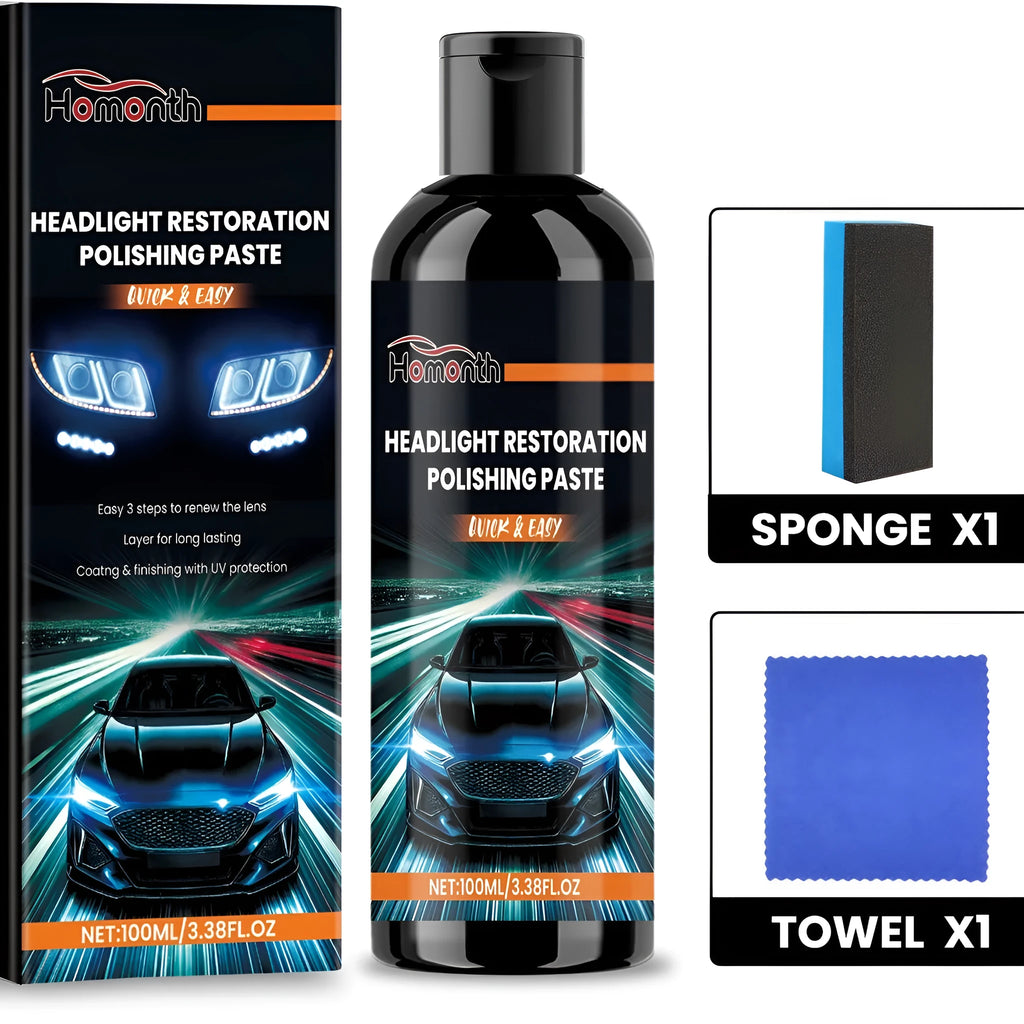 100ml headlight restoration polishing paste repair cream tube with black label beside a cloth and sponge