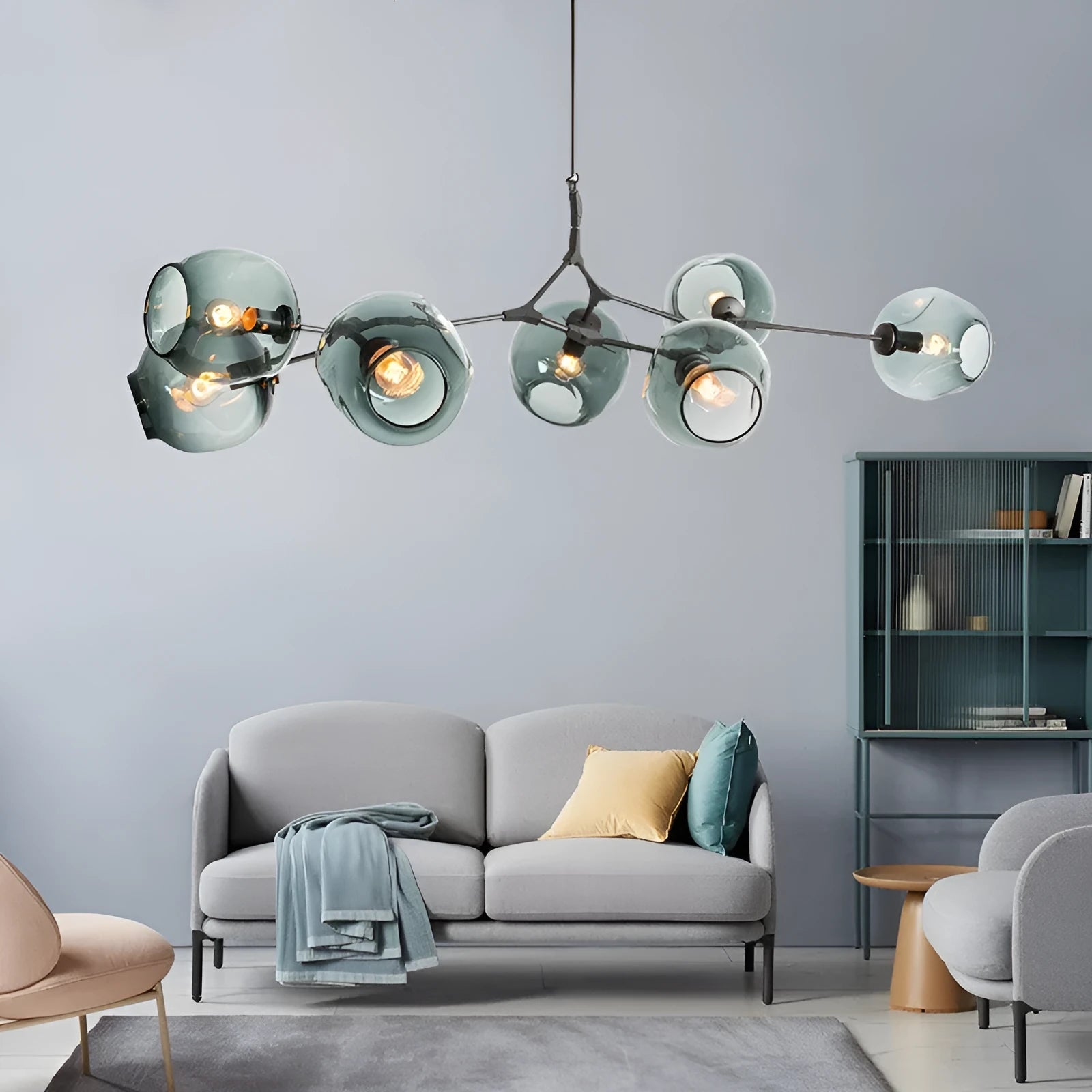 Black blue branch type ceiling lamp with glass shades and iron frame, 10 heads, Nordic style for dining room