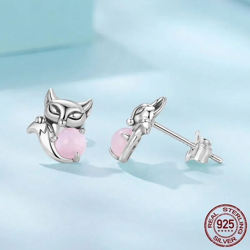 S925 sterling silver fox stud earrings with jade inlay, colour SCE1903, pair for women