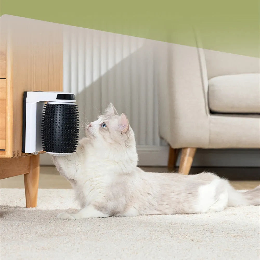 White automatic cat self-groomer with silicone bristles mounted in a corner.