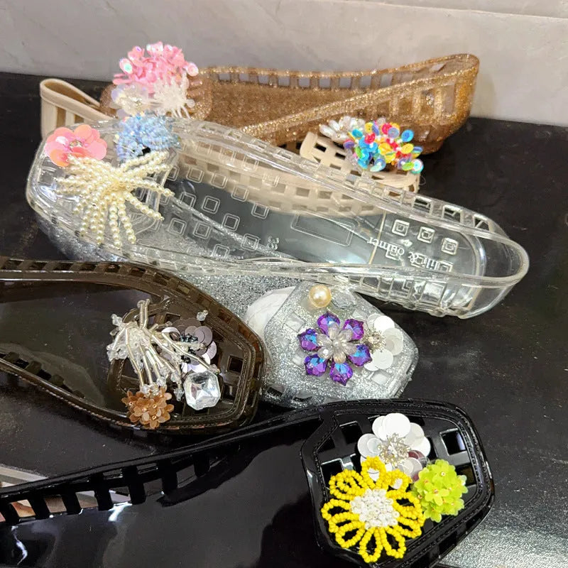 PVC gel square toe outdoor slippers in multiple colours with visible sole construction