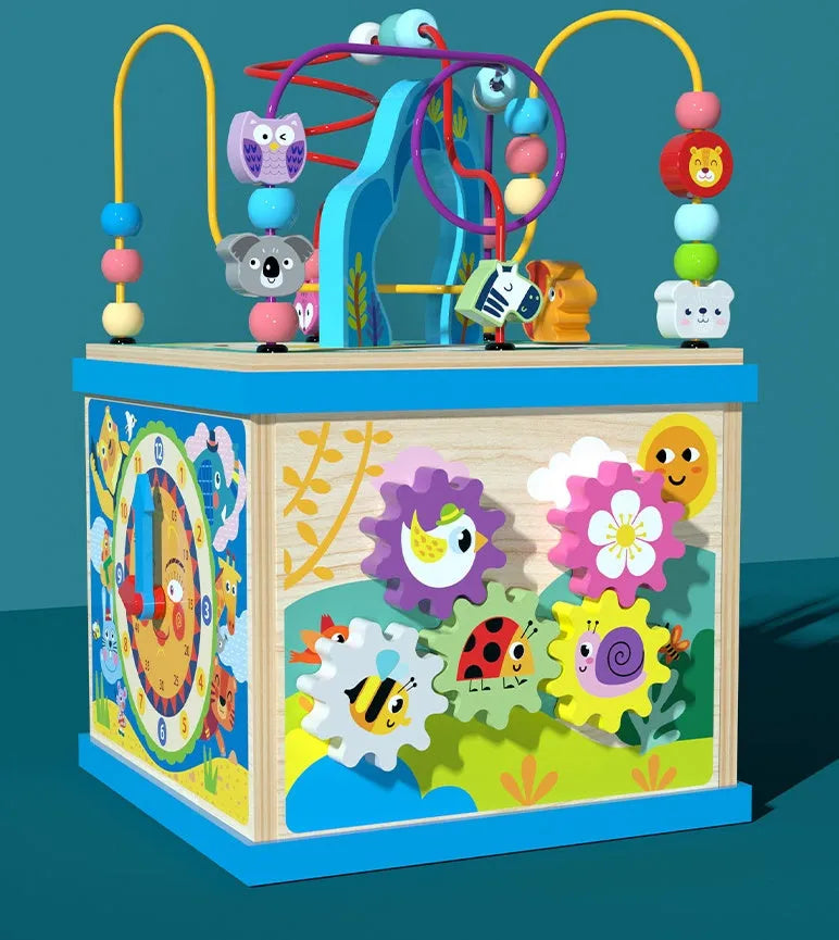 Blue wooden bead treasure box toy with multifunctional scenes for baby development