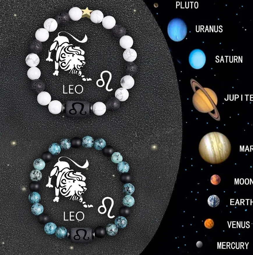 Set of twelve natural stone beaded bracelets for zodiac signs on elasticated string.