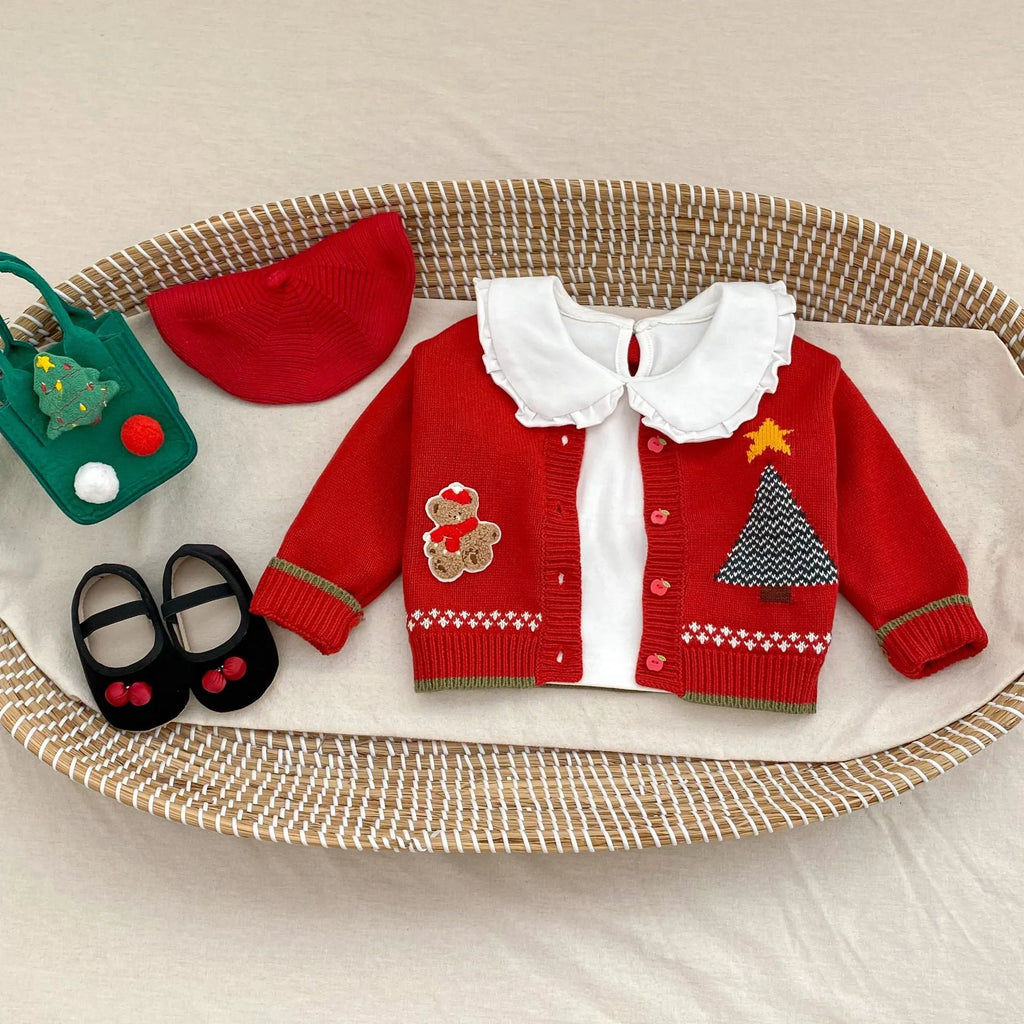 Children's cotton cardigan in French red with long sleeves, crew neck and single-breasted front, mid-length spring top