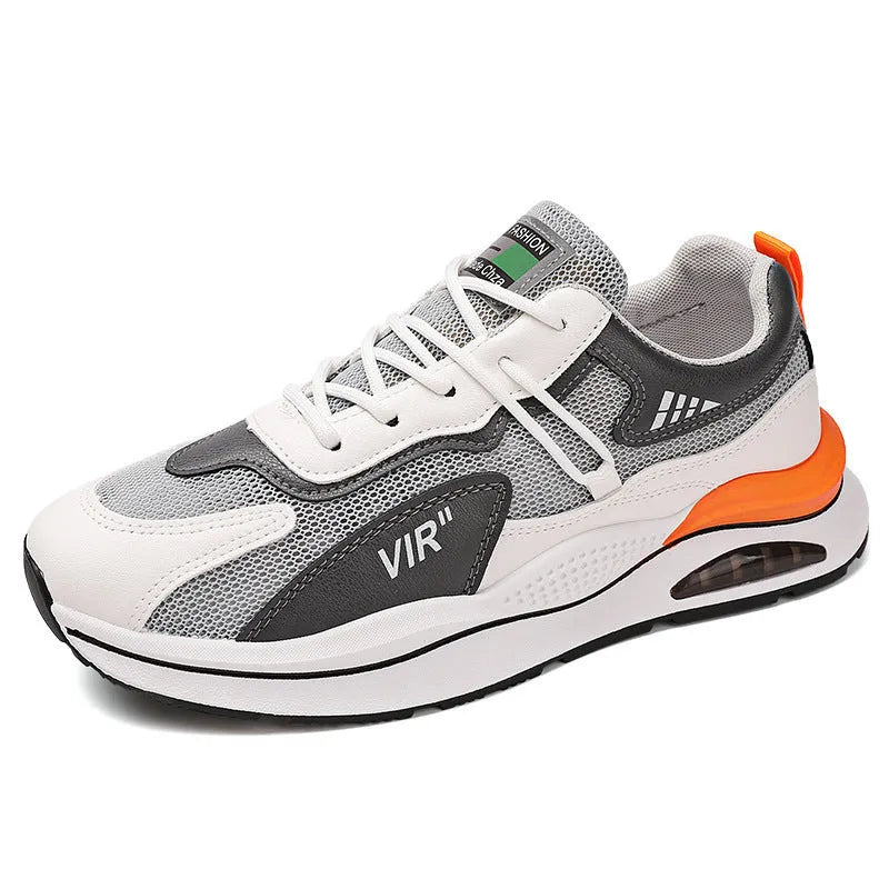 Men's grey and black mesh running shoes with EVA sole and sewing thread detail on a white background.