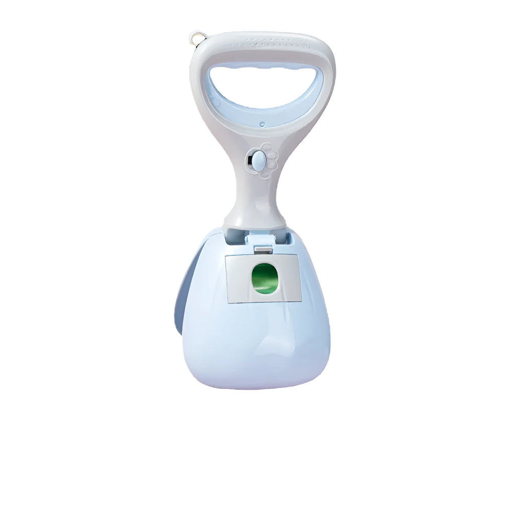 Plastic dog poop picker upper with 10cm tooth-shaped grab notch, shown in purple or blue for dog walking cleanup