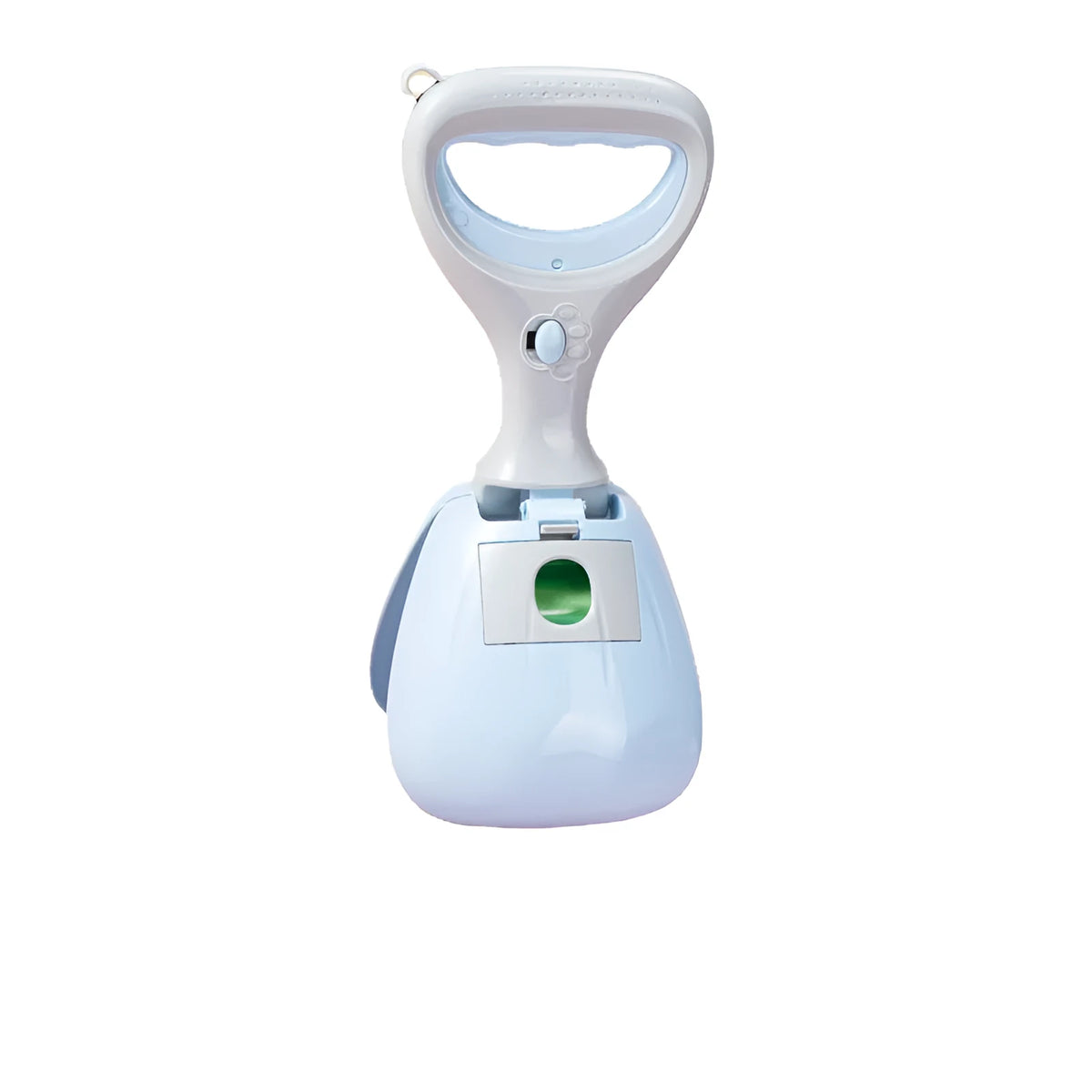 Plastic dog poop picker upper with 10cm tooth-shaped grab notch, shown in purple or blue for dog walking cleanup