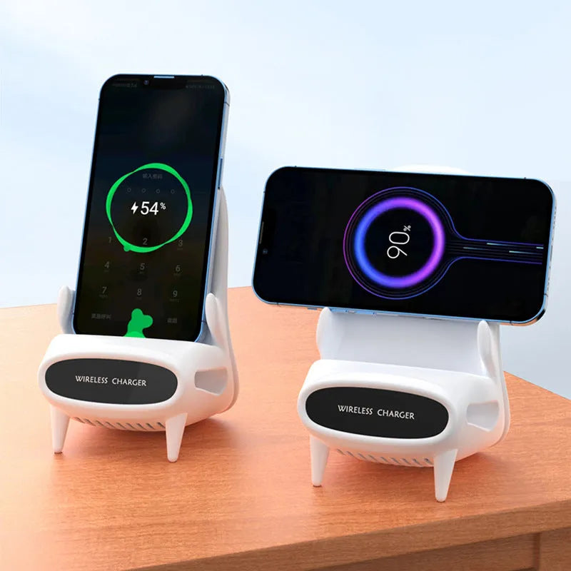 White mini chair-shaped wireless charging stand holding a mobile phone at an angle.