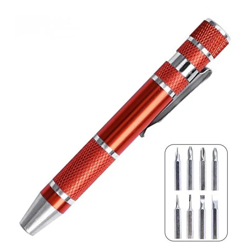 Aluminium alloy pen-type 8-in-1 screwdriver set in assorted colours with chrome vanadium steel shaft.