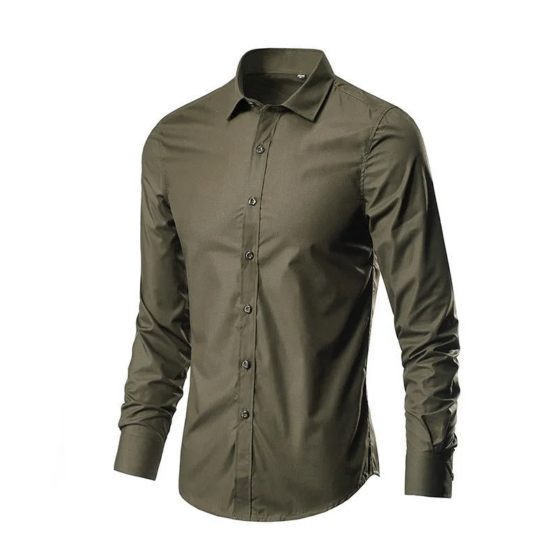 Men's loose-fit linen long-sleeve button-up shirt in a slim casual style on a hanger.