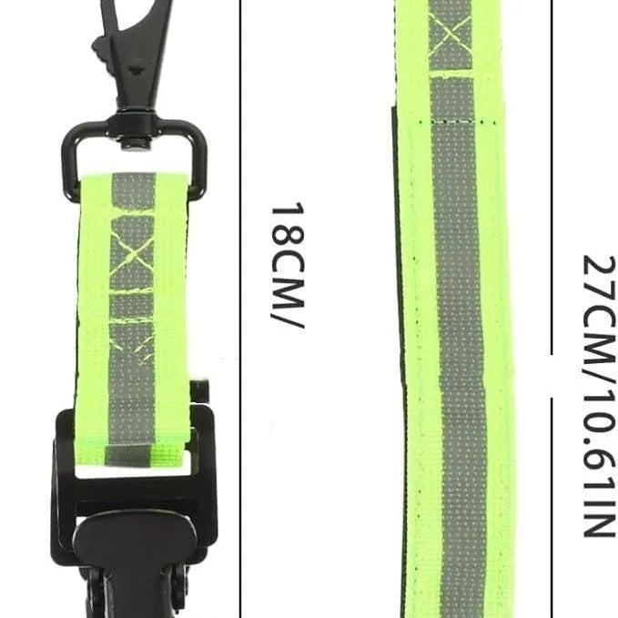Fluorescent green metal safety clip for attaching gloves to workwear belts.