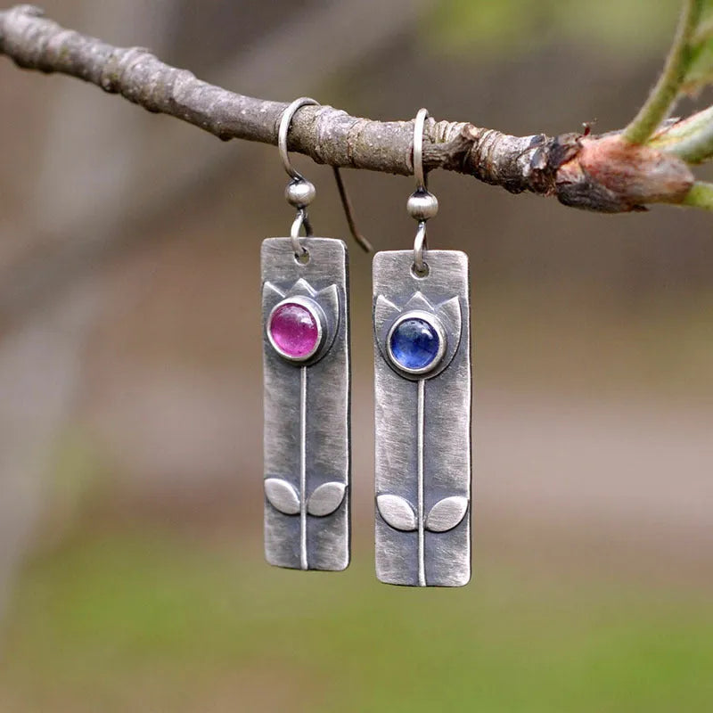 Antique finish red sapphire geometric earrings with ellipse design elements for women