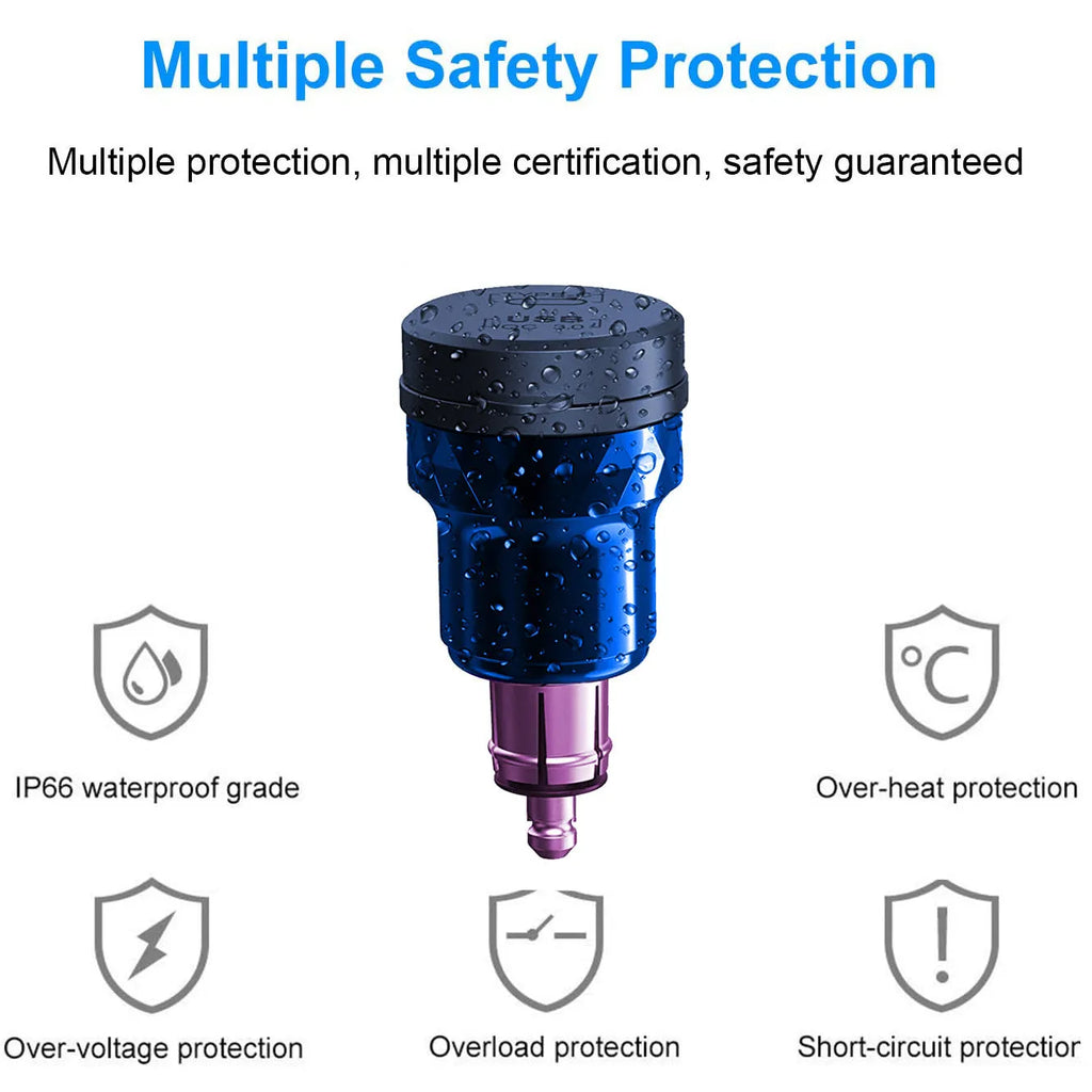 Black European DIN USB car charger with dual ports, blue light, 54W output, for 12-24V vehicles